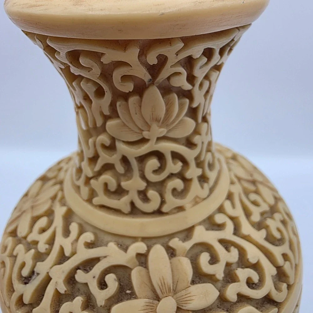 Vintage Carved Resin Floral Vase Asian Beige Signed 7.5